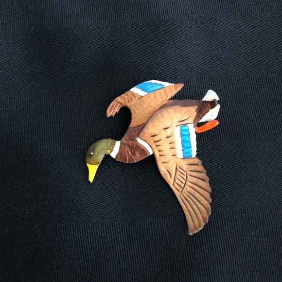 Vtg Tooled Leather Mallard Duck Brooch - Picture 2 of 12